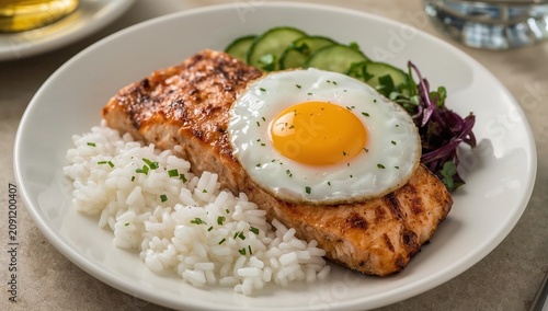 Delicious Salmon With Fried Egg, Rice, and Cucumbers Served on a Plate