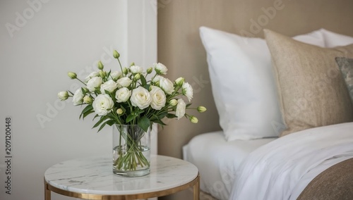 Flowers in a Vase on a Round Table Next to a Bed With Pillows and a Cozy Blan...
