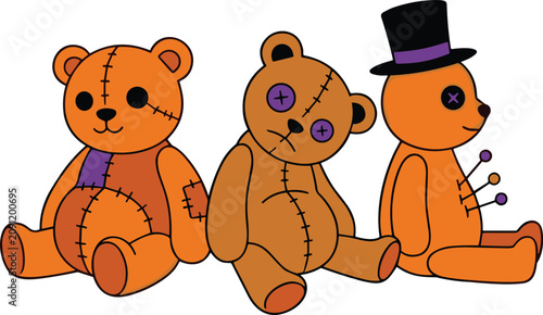 Fotografie Spooky Halloween teddy bear voodoo doll vector set with stitched orange zombie m