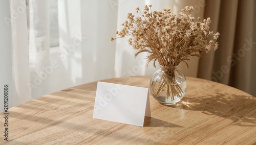 Blank Card on Wooden Table Next to Vase With Dried Flowers and Sunlight in a ...