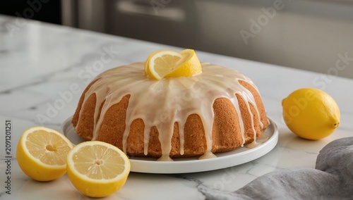 Lemon Cake With Icing Sits on a White Plate With Lemon Slices on Top in a Kit...