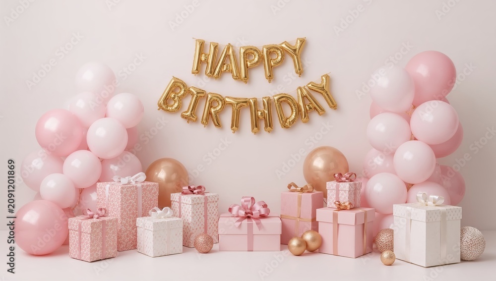 Fototapeta premium Birthday Celebration Setup With Pink Balloons and Gift Boxes