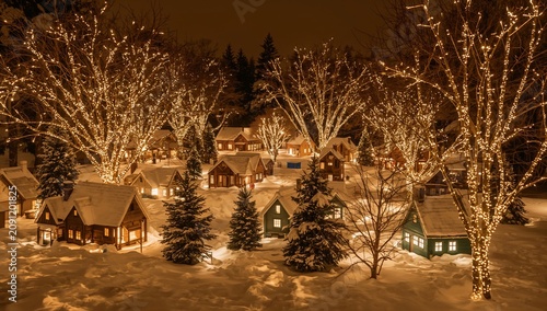 Winter Village During Night With Lights and Snow Covering Houses and Trees