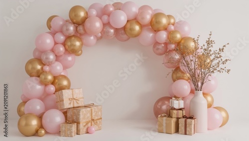 Decorative Arch Made of Pink and Gold Balloons With Gift Boxes Nearby