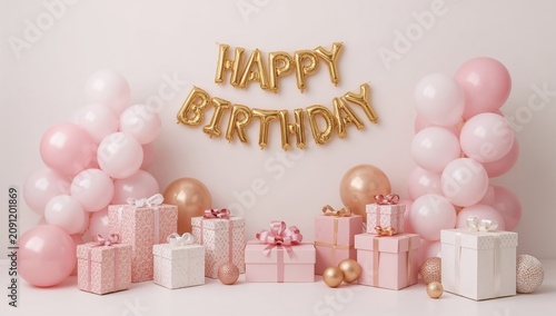 Birthday Celebration Setup With Pink Balloons and Gift Boxes