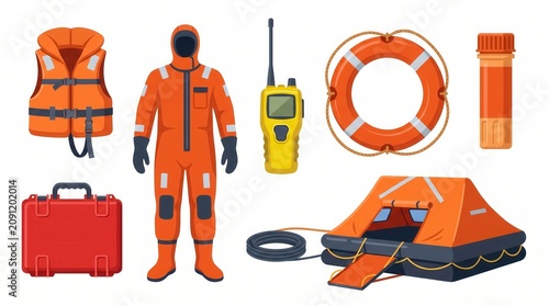 Life vest, immersion suit, radio, lifebuoy, flare, and raft for marine safety on white background