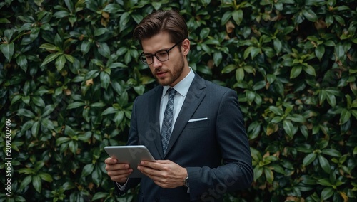 Businessman Using Tablet in Front of Green Wall During Daytime in Urban Setting