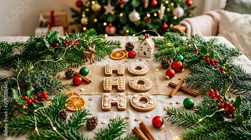 Christmas cookies on table with festive decorations