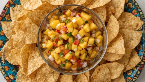 Fresh Mango Salsa Served With Tortilla Chips on a Colorful Plate With a White...