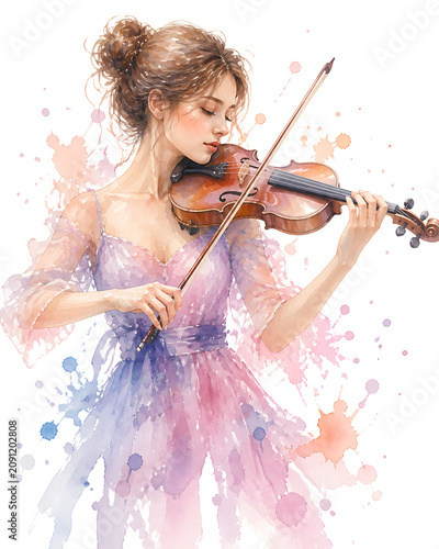 Young violinist playing violin in watercolor style