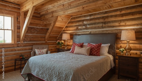 Cozy Bedroom With Wooden Walls and a Comfortable Bed Set in a Cabin