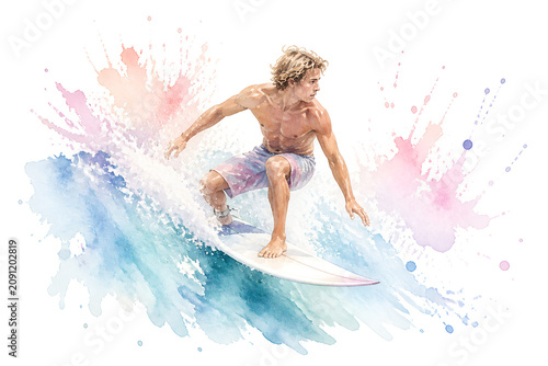 Surfer riding ocean wave in colorful watercolor illustration