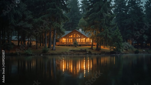 Scenic View of a Cabin at Night by the Lake With Trees Surrounding It and Ref...