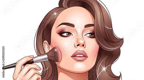 Vector portrait illustration of a beautiful glamour woman applying blush with a makeup brush, SVG format on transparent background, for luxury beauty salon advertising and professional cosmetics brand