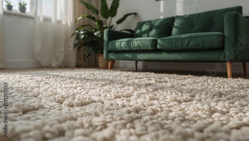 Cozy Living Room With a Textured Rug and a Green Sofa During Daytime
