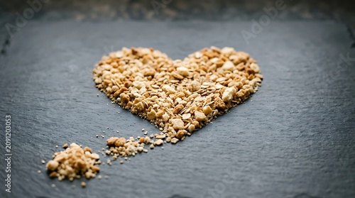 Heart shaped oats on slate background