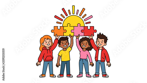 Quadro su tela Children Holding Puzzle Pieces Under a Sun Icon: Four smiling children of diverse ethnicities hold up colorful puzzle pieces forming a sun icon, symbolizing unity, collaboration, and bright futures