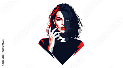 Vector pop art portrait of an edgy woman with hand on chin and dark blue hair highlighted in red, SVG format on transparent background, for modern cosmetics marketing and creative graphic designs.
