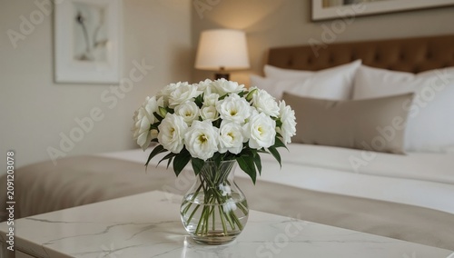 White Roses on a Table in Front of a Bed in a Hotel Room During the Day