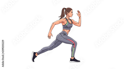 Flat vector illustration of an active athletic woman running in grey sportswear with neon accents, SVG format on transparent background, for track and field sports training apps and marathon flyers.