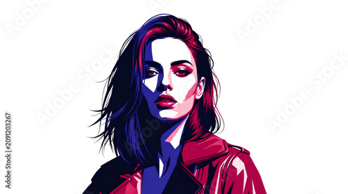Vector illustration of an elegant woman posing in high-waisted red trousers and a white top, SVG format on transparent background, for retail fashion banners.