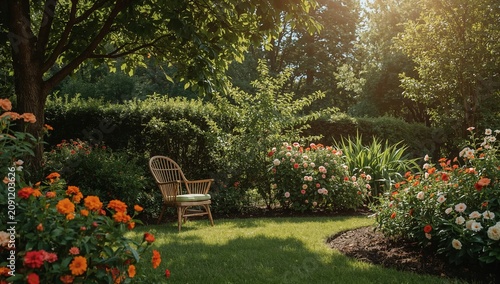 Garden With Chair and Flowers During Daytime in a Green Space