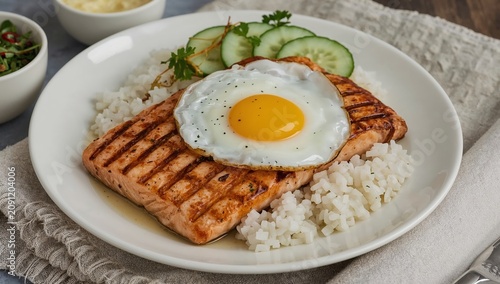 Delicious Salmon With Fried Egg, Rice, and Cucumbers Served on a Plate