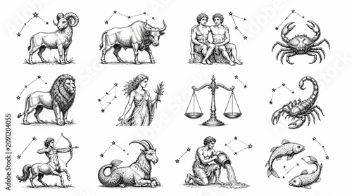 Zodiac Signs Illustration Grid Of Astrological Symbols.