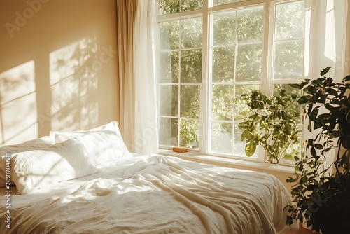 Cozy Bedroom Interior with Soft Morning Light and Indoor Plants