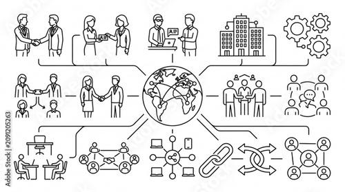 A group of people are working together in various settings around the world with business and technology.