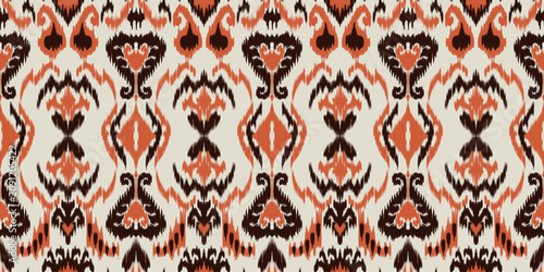 Seamless Ikat Pattern Vector, Traditional Ethnic Geometric Ornament for Textile, Apparel and Fashion Fabric Print, Abstract Bohemian Wallpaper Background Texture in Terracotta Orange, Dark Brown