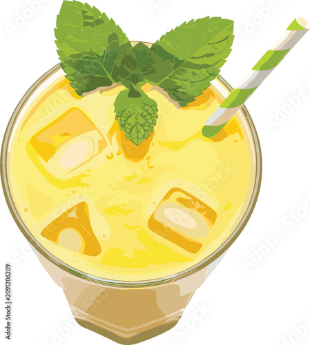 Billede på lærred Refreshing summer citrus drink vector illustration featuring top view of ice col