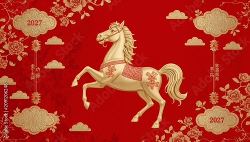 Golden Horse Decoration for Lunar New Year Celebration in 2027 With Red Backg...