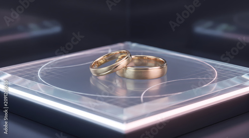 Wedding Rings On Futuristic Light Platform