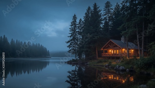 Cabin Beside Lake in the Evening With Trees and Water Reflections During Twil...