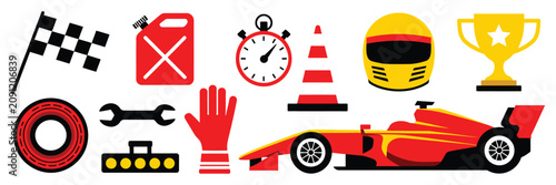 фотографія Formula One Racing Equipment Cartoon Style Vector with Race Car, Traffic Lights,