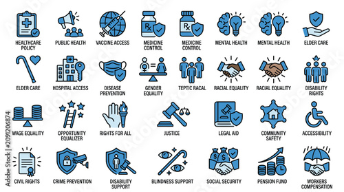 Detailed set of healthcare policy and social justice icons featuring blue accents on medical safety disability rights equality legal aid and community welfare.