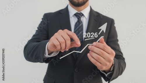 Business Man in Suit Analyzing Growth Trend for 2026 on a White Background