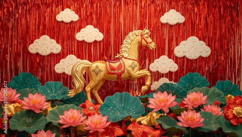 Golden Horse Statue in Front of Red Backdrop With Flowers and Clouds During a...