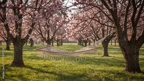 Hammock Hanging Between Trees With Pink Flowers During Sunny Day in Park
