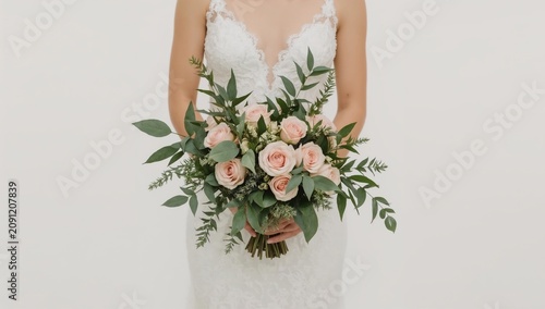 Woman Holding a Bouquet of Roses While Wearing a Wedding Dress in a Light Set...