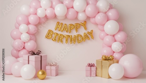 Birthday Celebration Setup With Pink Balloons and Gift Boxes