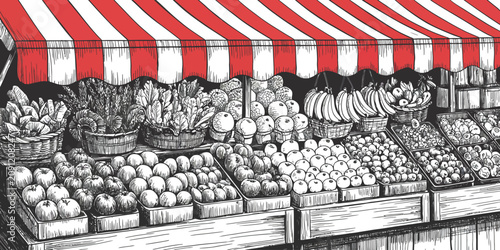 Fresh produce market stand, colorful fruit and vegetable display, red awning, illustration