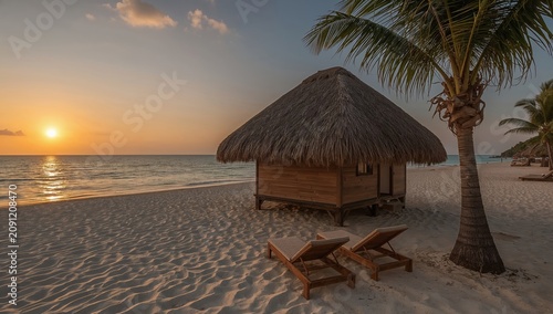 Sunset at Beach Hut With Chairs and Palm Trees by the Ocean