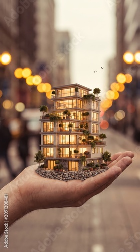 Person grasping a small architectural model against a blurred city skyline backdrop