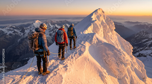 Professional mountaineers standing on snowy mountain summit during golden sunrise above breathtaking alpine peaks