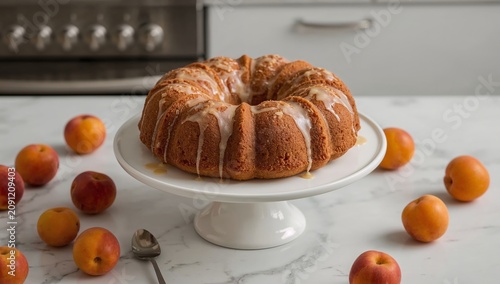 Fresh Baked Cake on a Stand Surrounded by Ripe Fruit in a Bright Kitchen