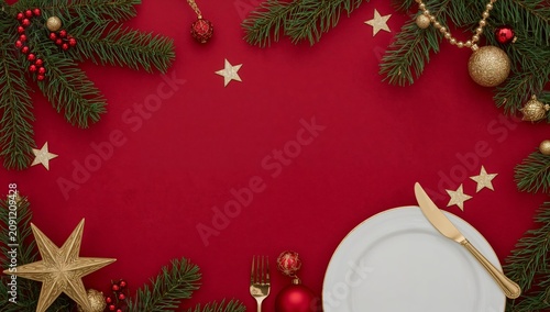 Table Setting for Holiday Dinner With Red Tablecloth and Decorative Items