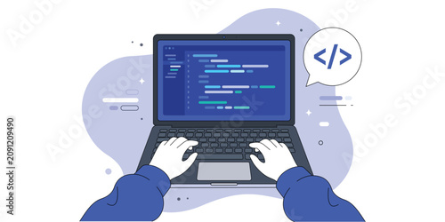 Bild auf Leinwand Coding on Laptop: A person's hands are seen typing on a laptop keyboard, with lines of code displayed on the screen, suggesting software development or programming