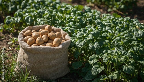 Farmers Harvest Potatoes in a Bag Sitting on the Field During Sunny Weather i...